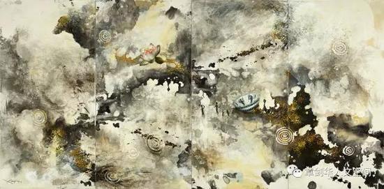梦幻之地（2014）墨，丙烯，宣纸，布面 137 x 278cm