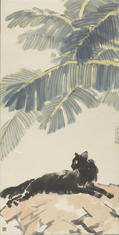 徐悲鸿《芭蕉黑猫》， 1937年， 108×54.9cm ，中国画，中国美术馆藏
