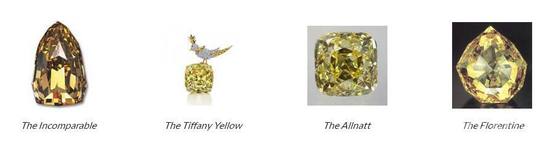 历史上出现了不少名誉全球的著名黄钻，接下来就让我们一睹其中最著名的四大黄钻的风采吧，它们分别是无与伦比黄钻（The Incomparable）、蒂芙尼黄钻（The Tiffany Yellow）、“欧纳特”钻（The Allnatt）和佛罗伦萨钻石（The Florentine）。